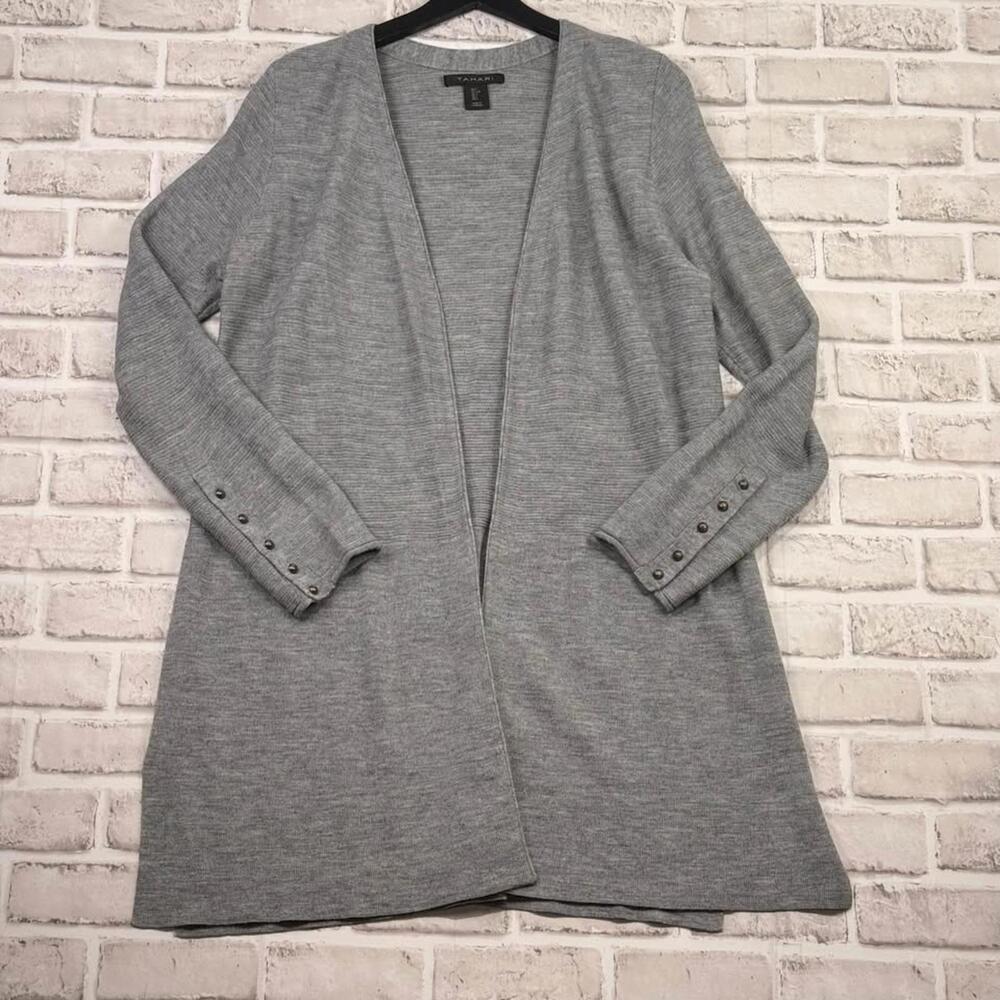 Tahari Merino Wool Blend Cardigan Open-front Gray Ribbed‎ Knit Sweater Women's L
